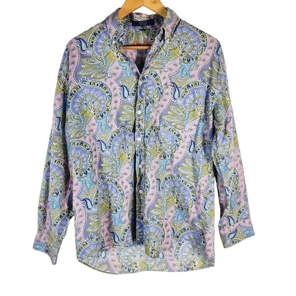 Alan Flusser Blue Pink Paisley Cotton Button Up Shirt